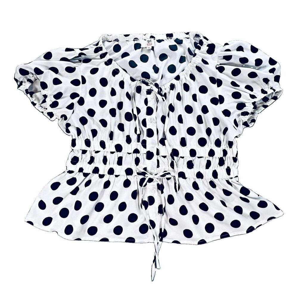 Girl Soul Polka Dot Puff Sleeve Peplum Blouse Top XL Black & White Cinched waist